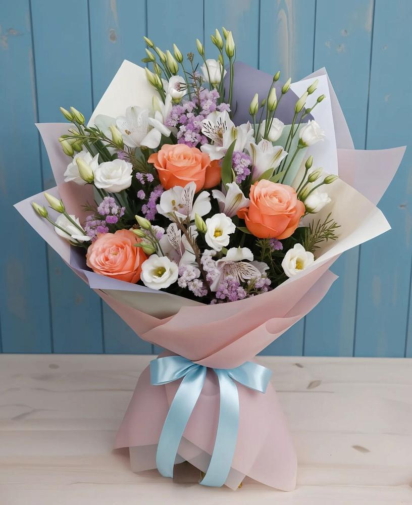 Букет цветов из: Лизиантусы, Розы, Альстромерии и Гипсофила в Советской Краснодарского края