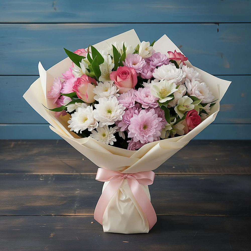 Букет цветов из: Хризантемы, Альстромерии и Розы в Советской Краснодарского края